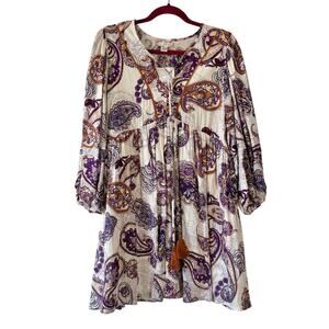 Band of the Free Lynnette Purple & Cream Paisley Print Boho Mini Dress Medium
